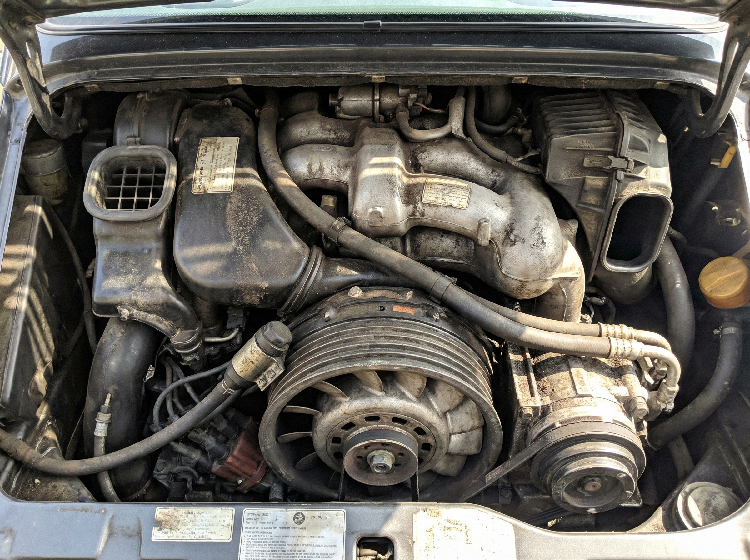 Porsche 993 engine bay before dry ice blasting — decades of oil and buildup on flat-six
